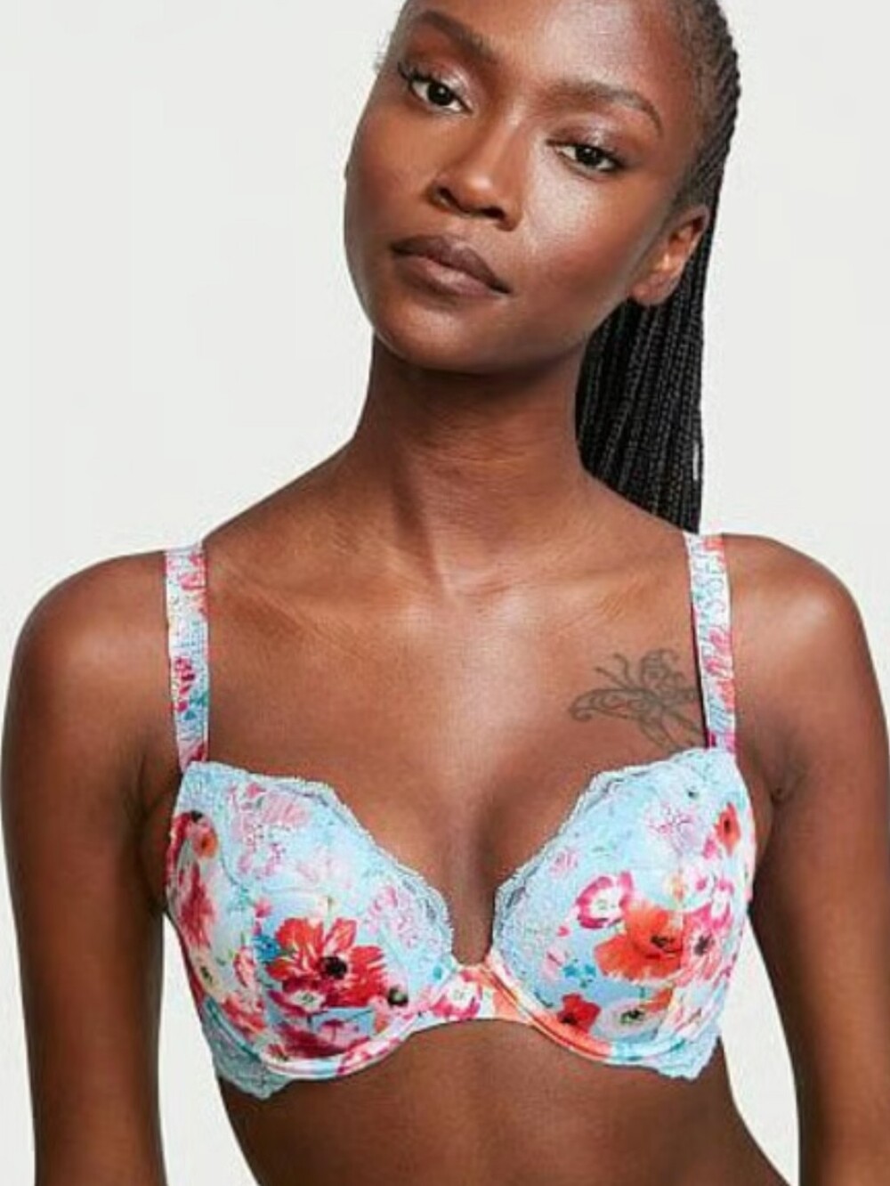 Victoria's Secret Light Blue Floral Lace Push-Up Bra & Thong Happy Poppy Set